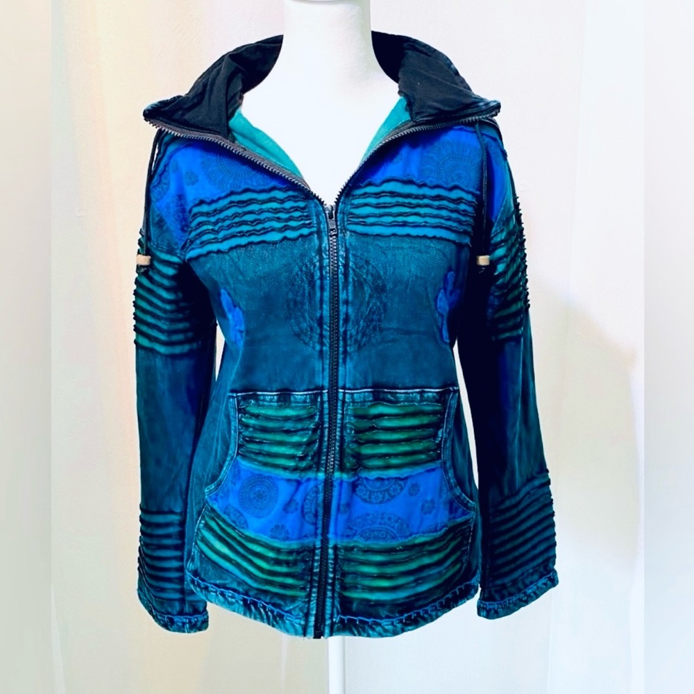 Patchwork Karma Circle U.S.A. Handmade blue and green full zip hoodie.Size M.